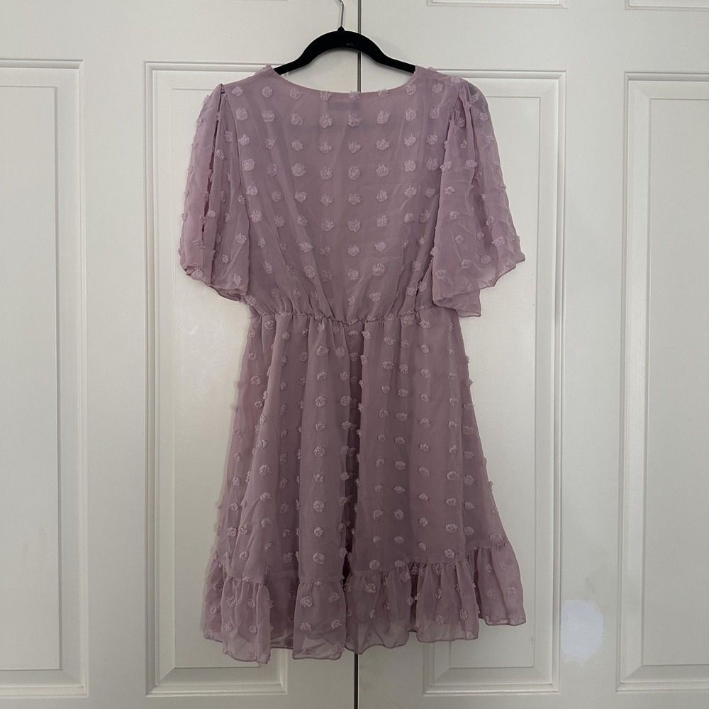 Shein Dress Womens Large Purple Swiss Dot V Neck Flutter Sleeve Ruffle Mini - Picture 2 of 10